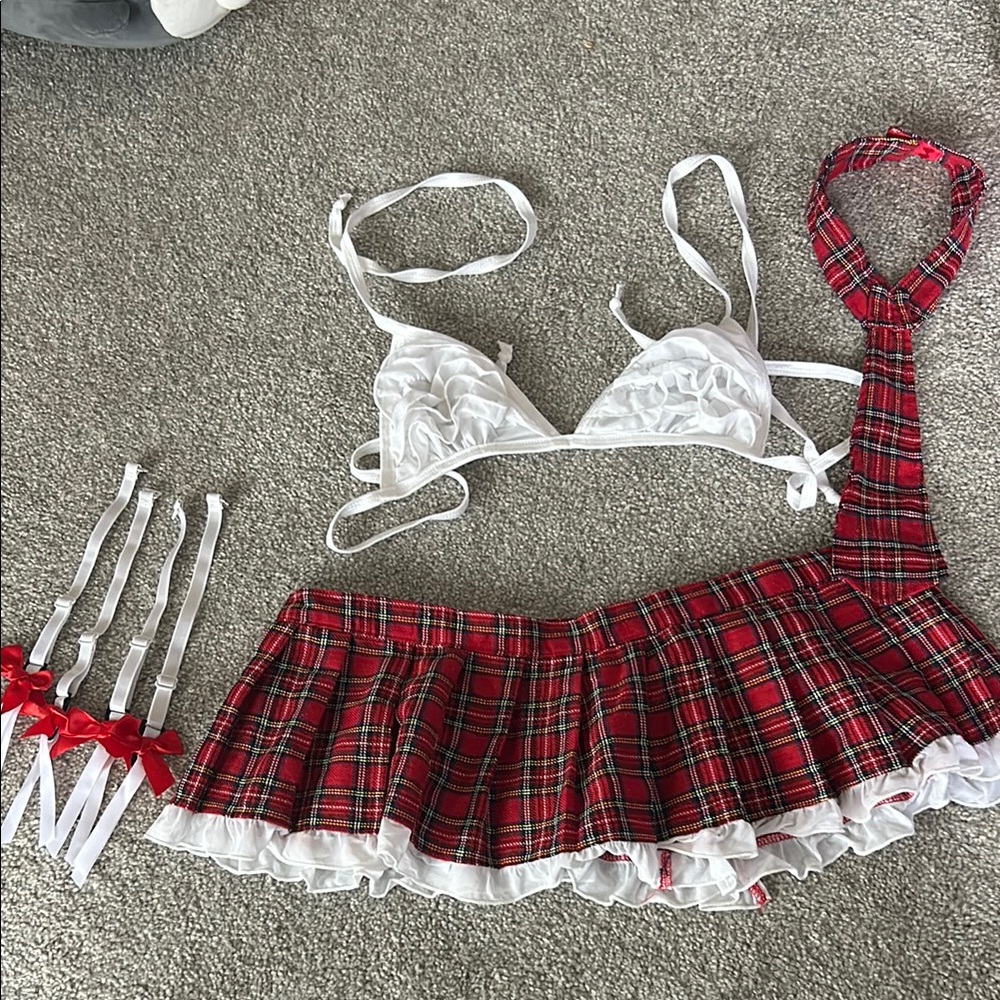 Red Plaid Skirt and White Lace Bralette Set
